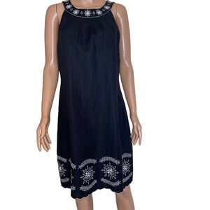 - Willow Glen Dress Sleeveless Black Linen Rayon Blend  White Embroidery Sz 12
